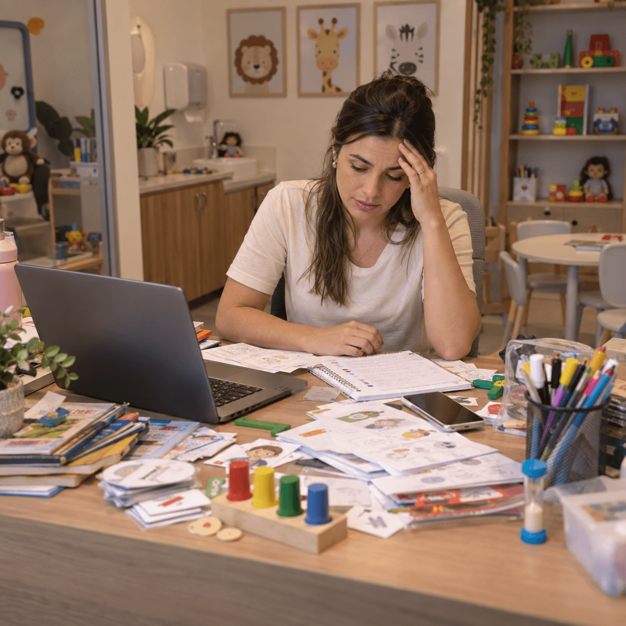Profissional procurando materiais espalhados antes de um atendimento