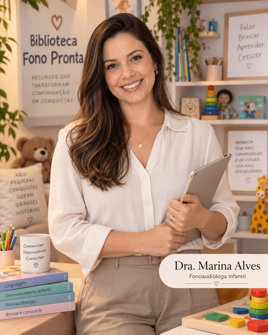Dra. Marina Alves, fonoaudióloga infantil, segurando um tablet em um ambiente de atendimento