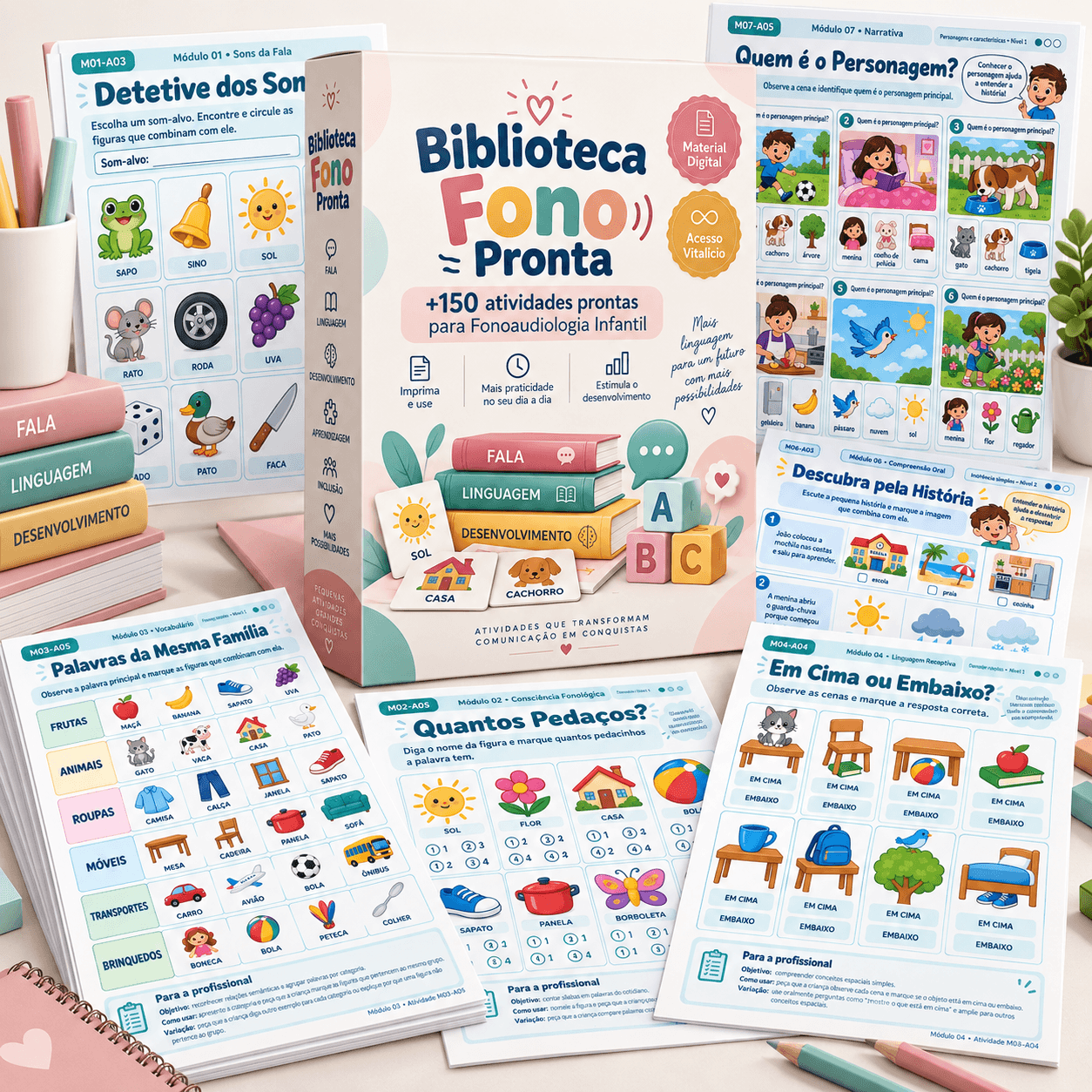Mockup da Biblioteca Fono Pronta com atividades abertas, materiais impressos e embalagem do produto
